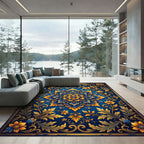Ornate Golden Blue Floral Medallion Rug