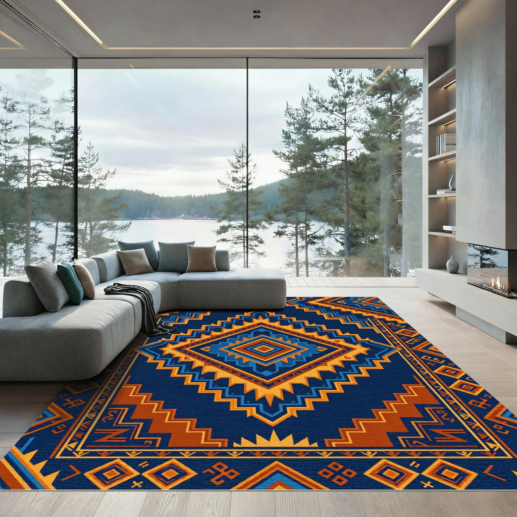 Navajo Blue Geometric Diamond Zigzag Rug