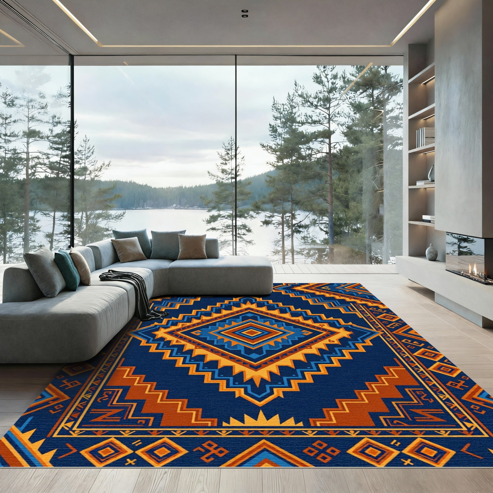 Navajo Blue Geometric Diamond Zigzag Rug