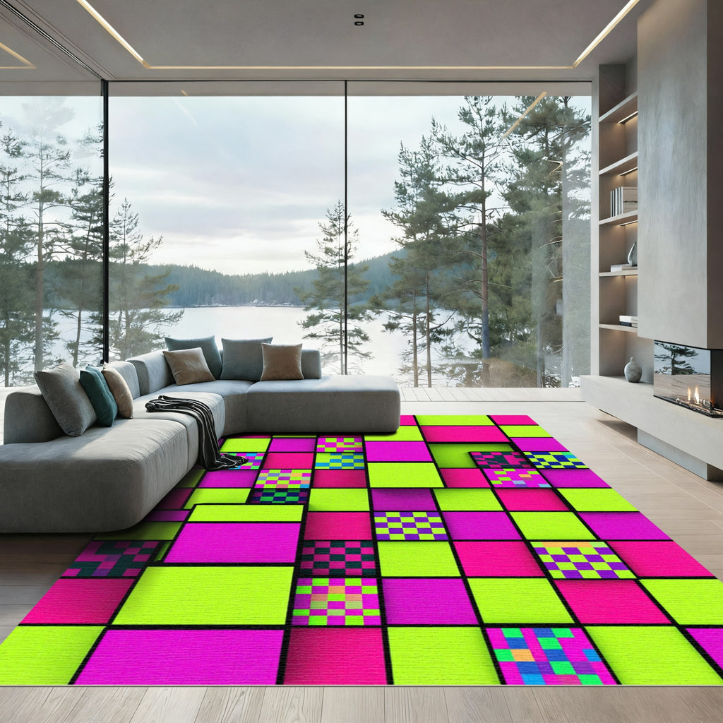 Vibrant Neon Grid Pixelated Checkered Block Rug