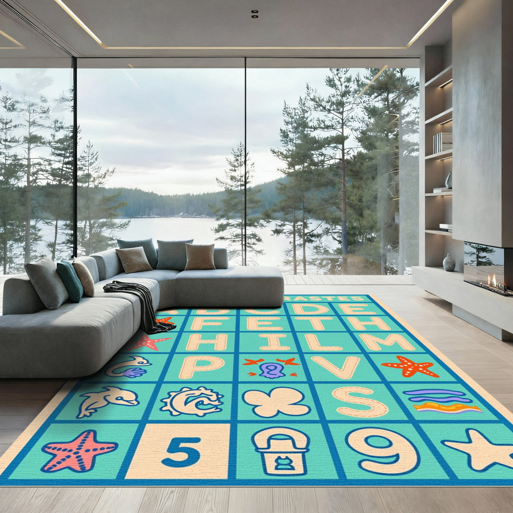 Aqua Teal Alphabet Sea Creatures Accent Rug