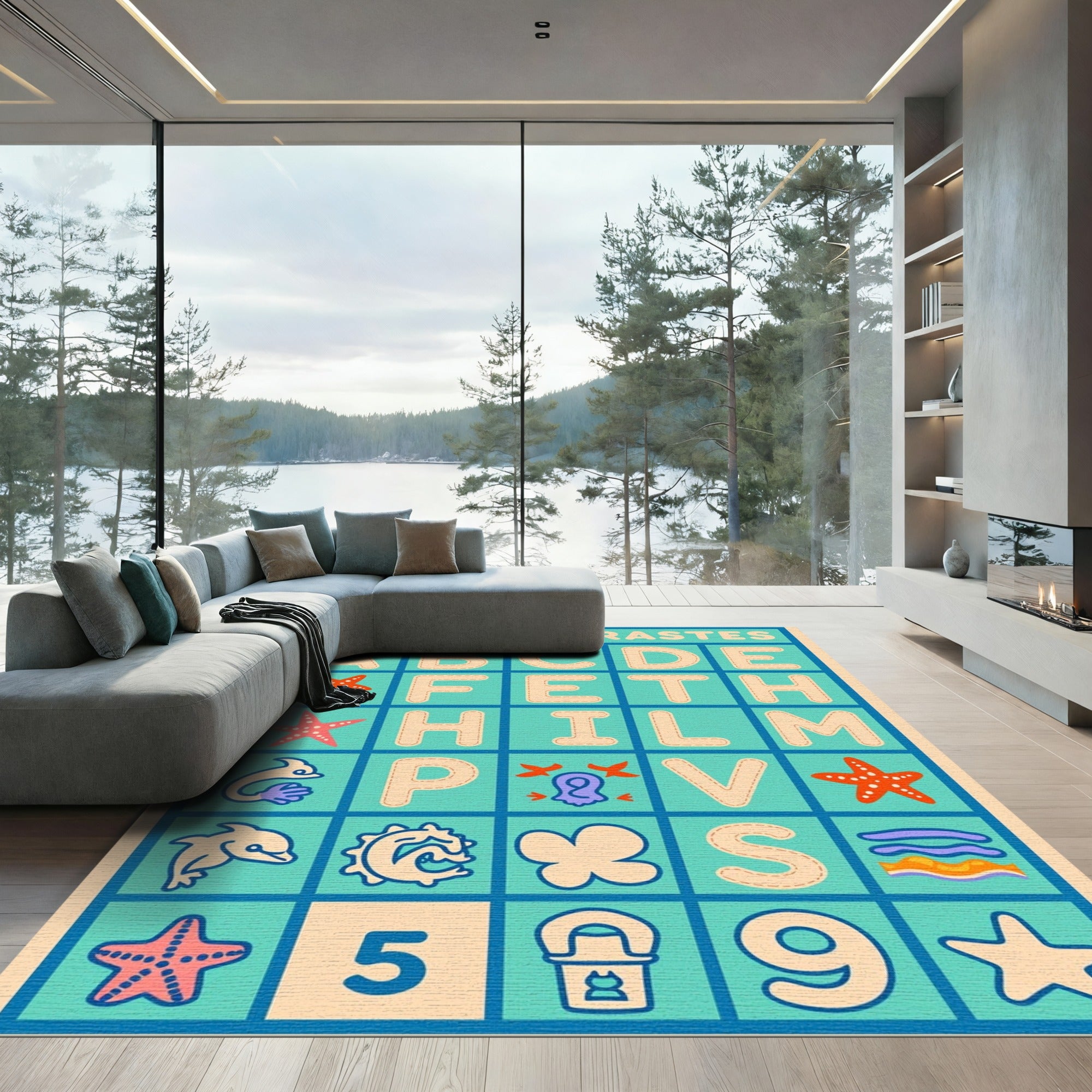 Aqua Teal Alphabet Sea Creatures Accent Rug