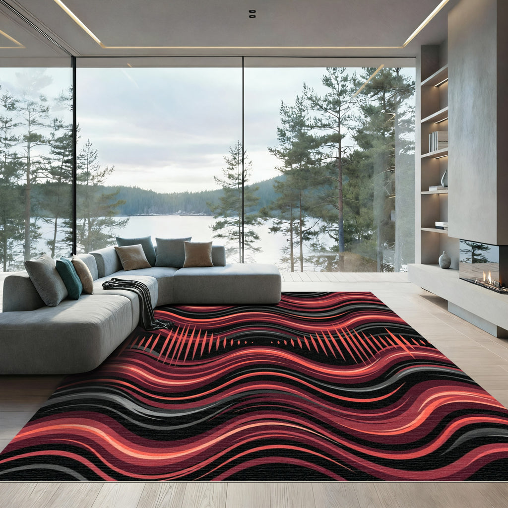 Crimson Orange Abstract Sound Wave Ripple Rug
