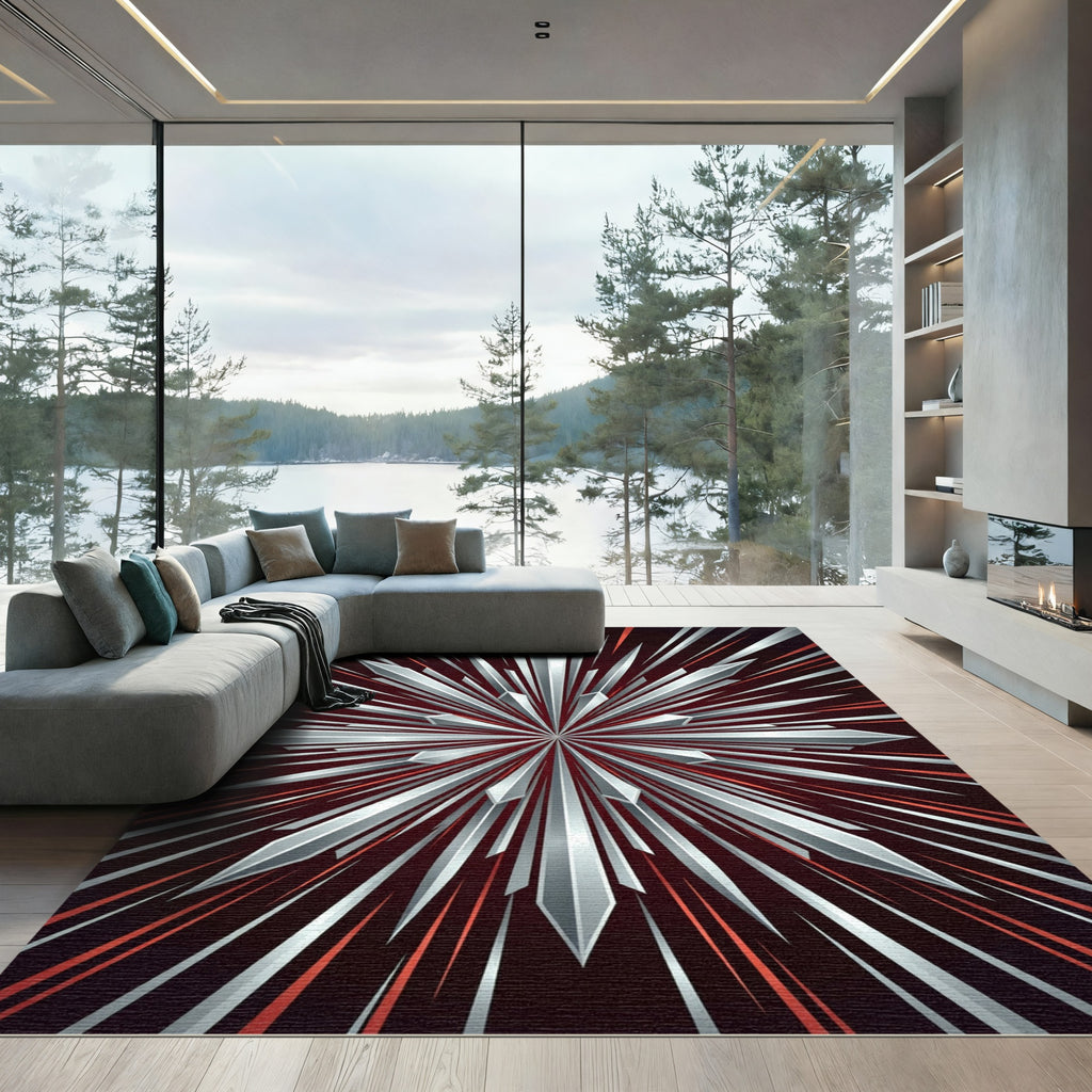 Radiant Silver Red Burst Rug