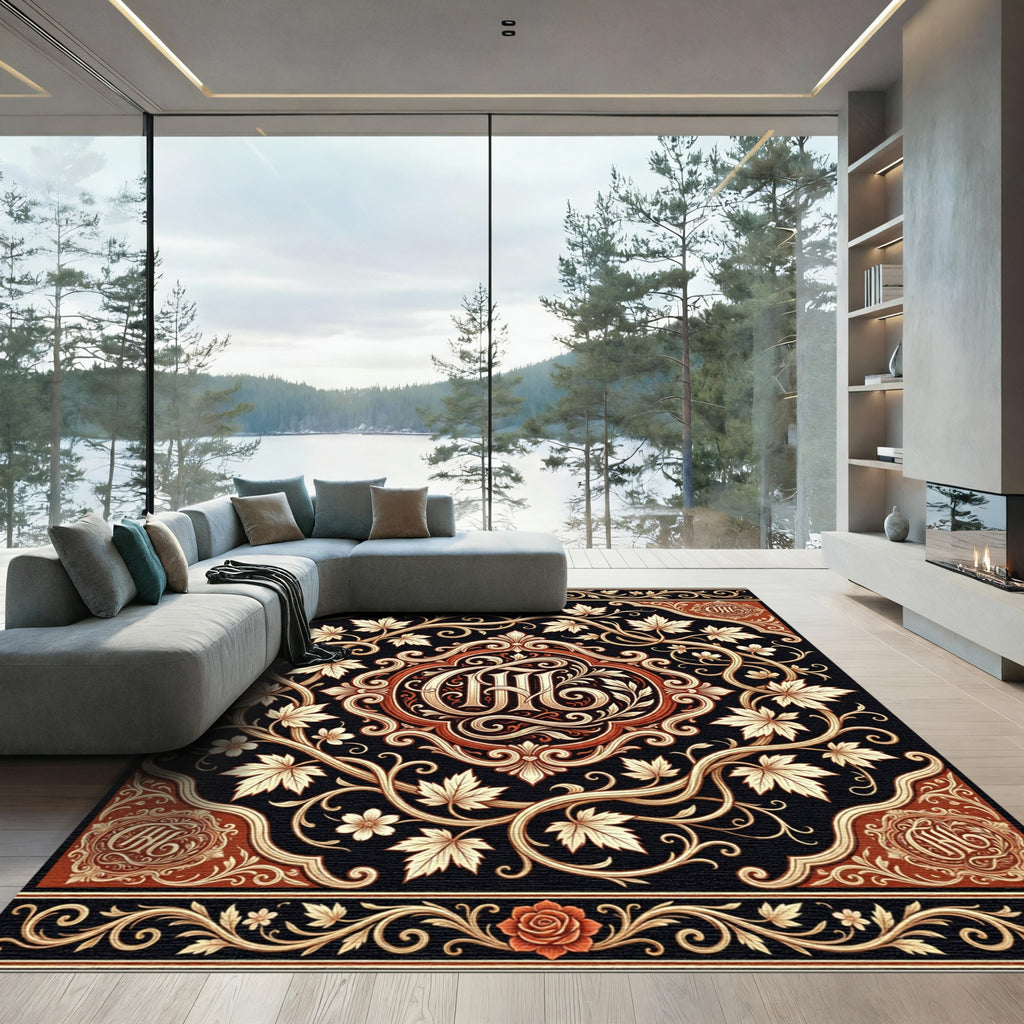 Vintage Black Gold Floral Monogram Rug