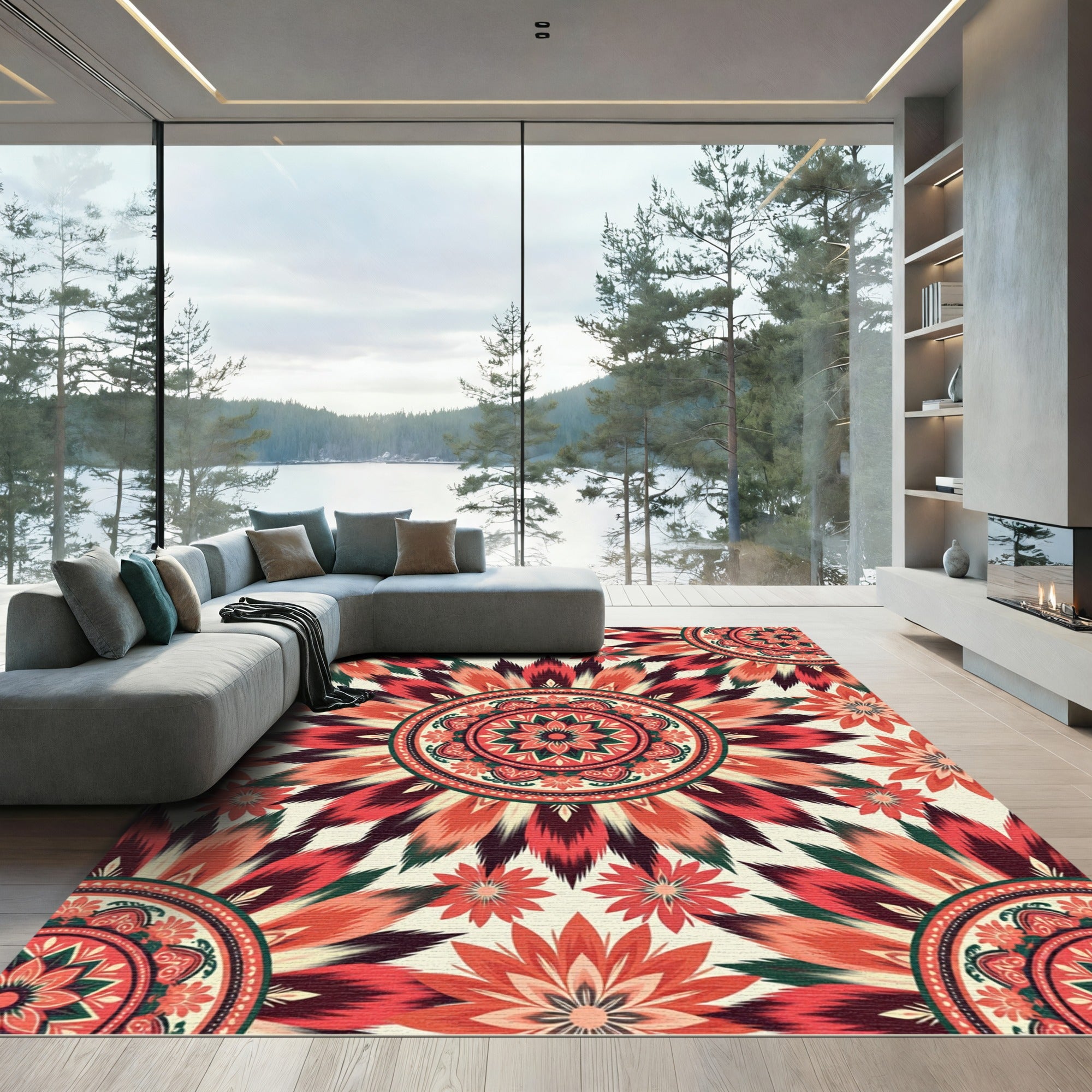 Crimson Feathered Mandala Radiance Rug
