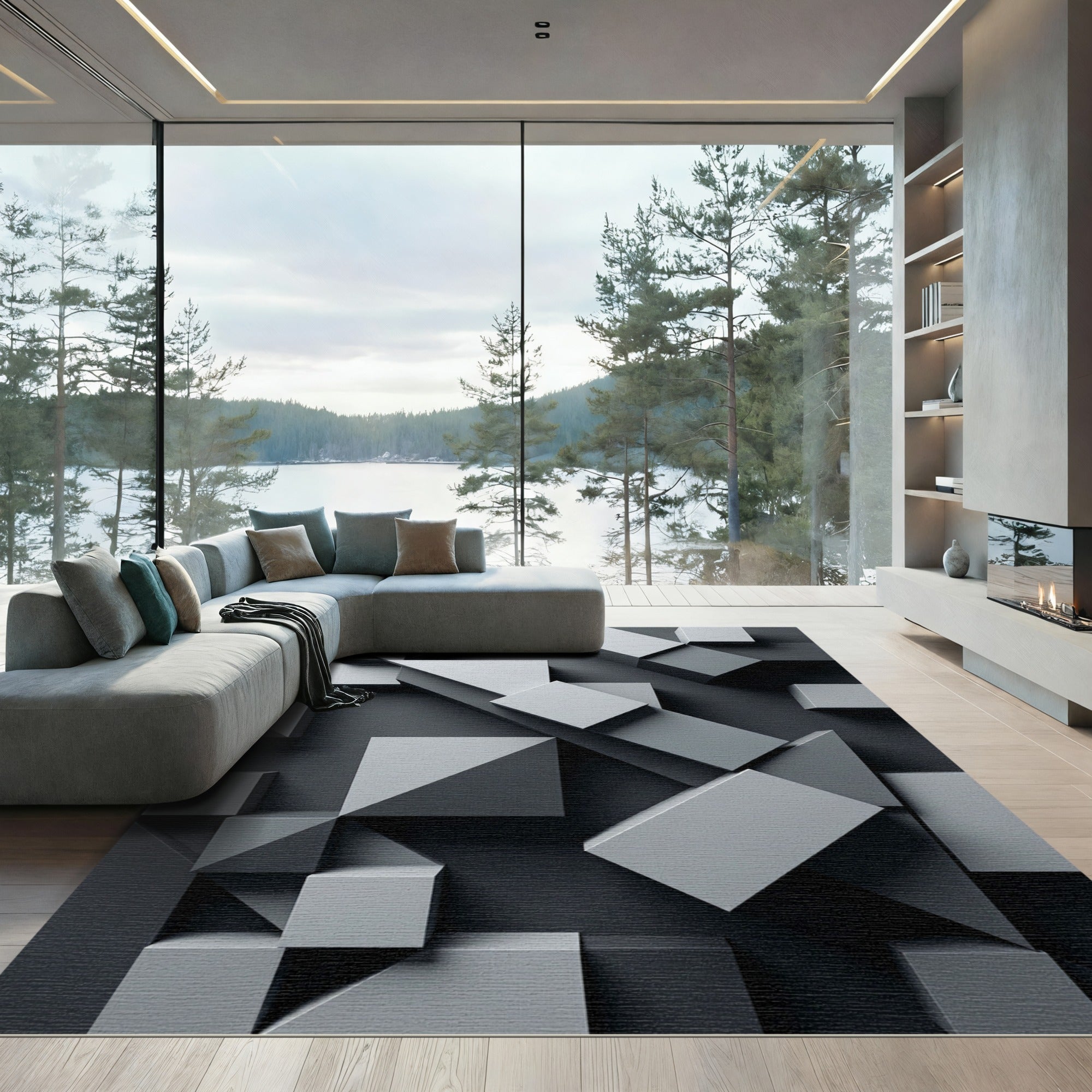 Monochrome Gray Minimalist Geometric Architectural Rug