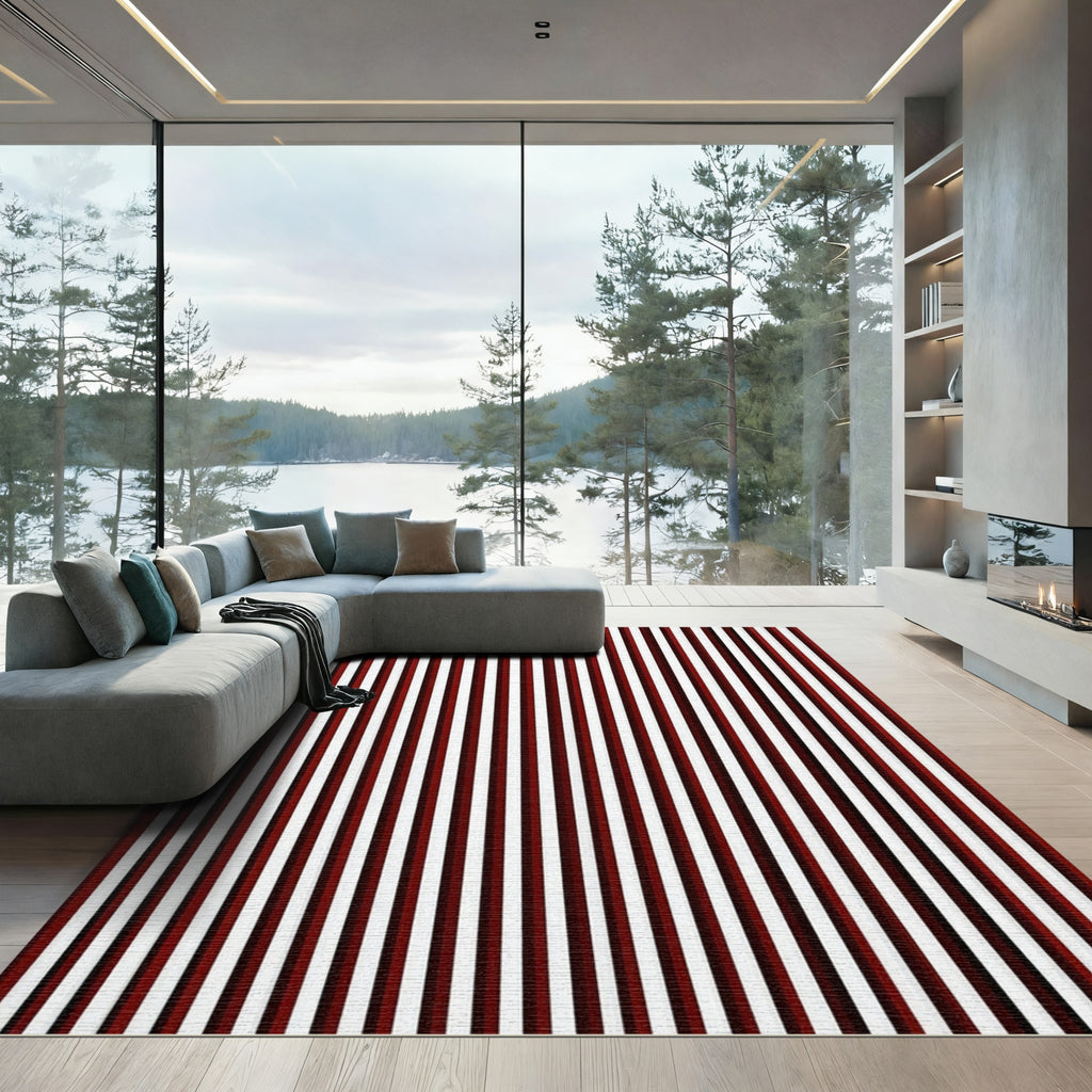 Bold Crimson White Vertical Stripes Rug