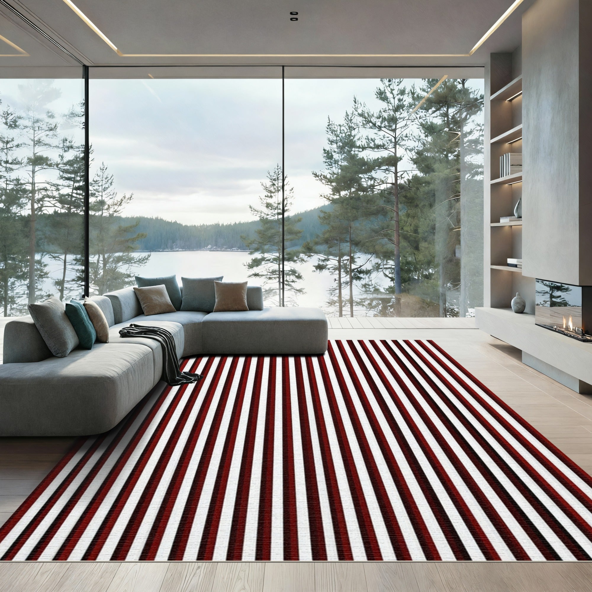 Bold Crimson White Vertical Stripes Rug