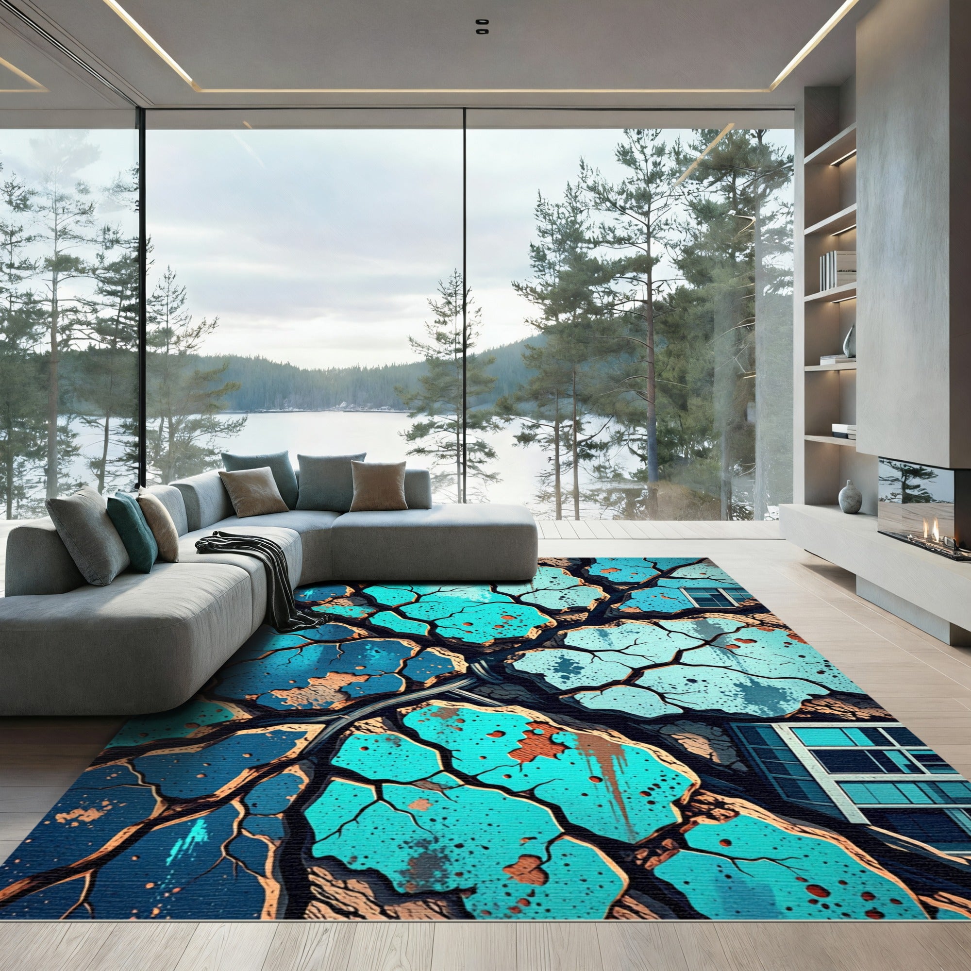 Cracked Teal Textured Organic Cracks Rug
