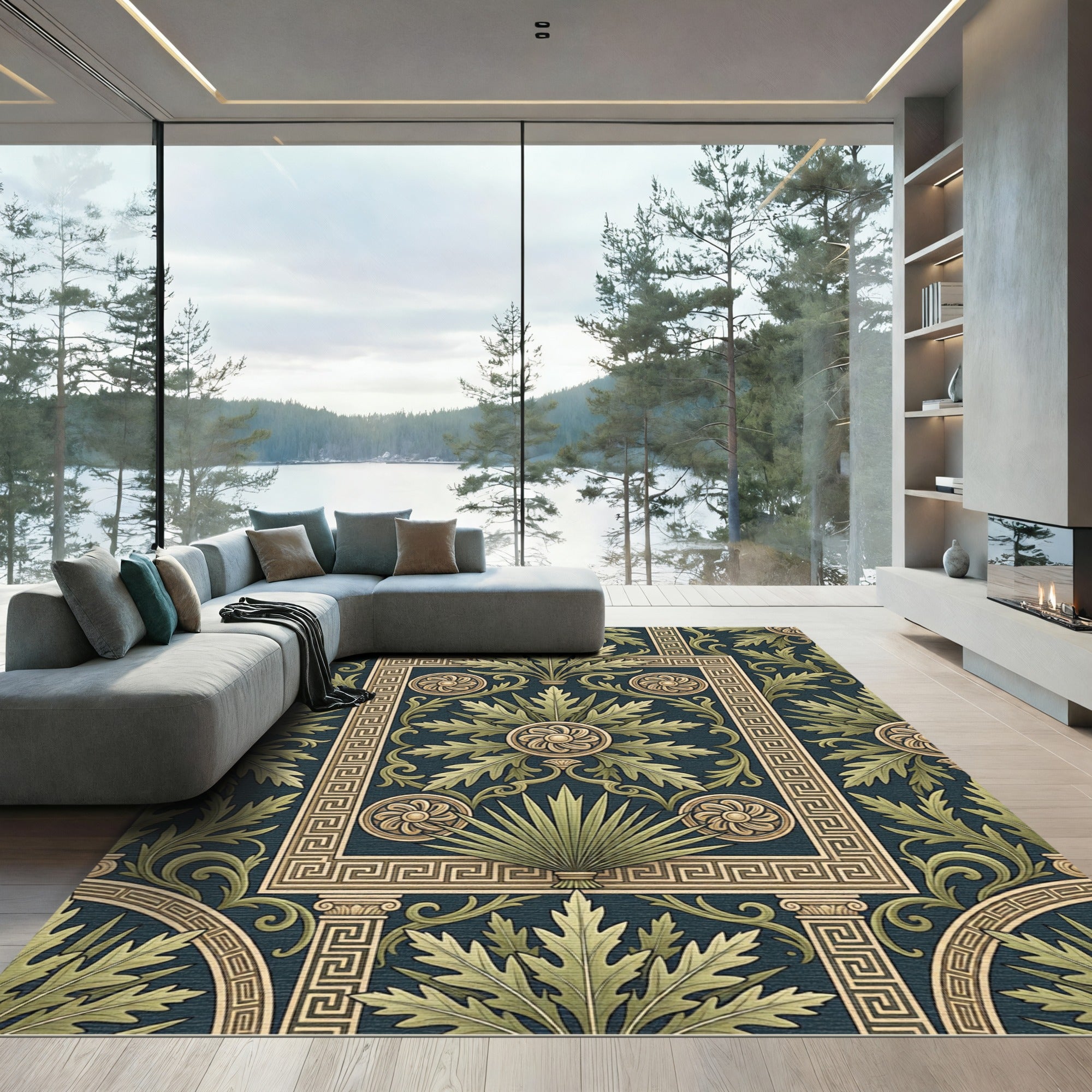 Green Gold Acanthus Leaf Border Rug