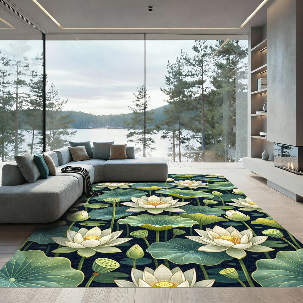 Ethereal White Lotus Dark Pond Rug