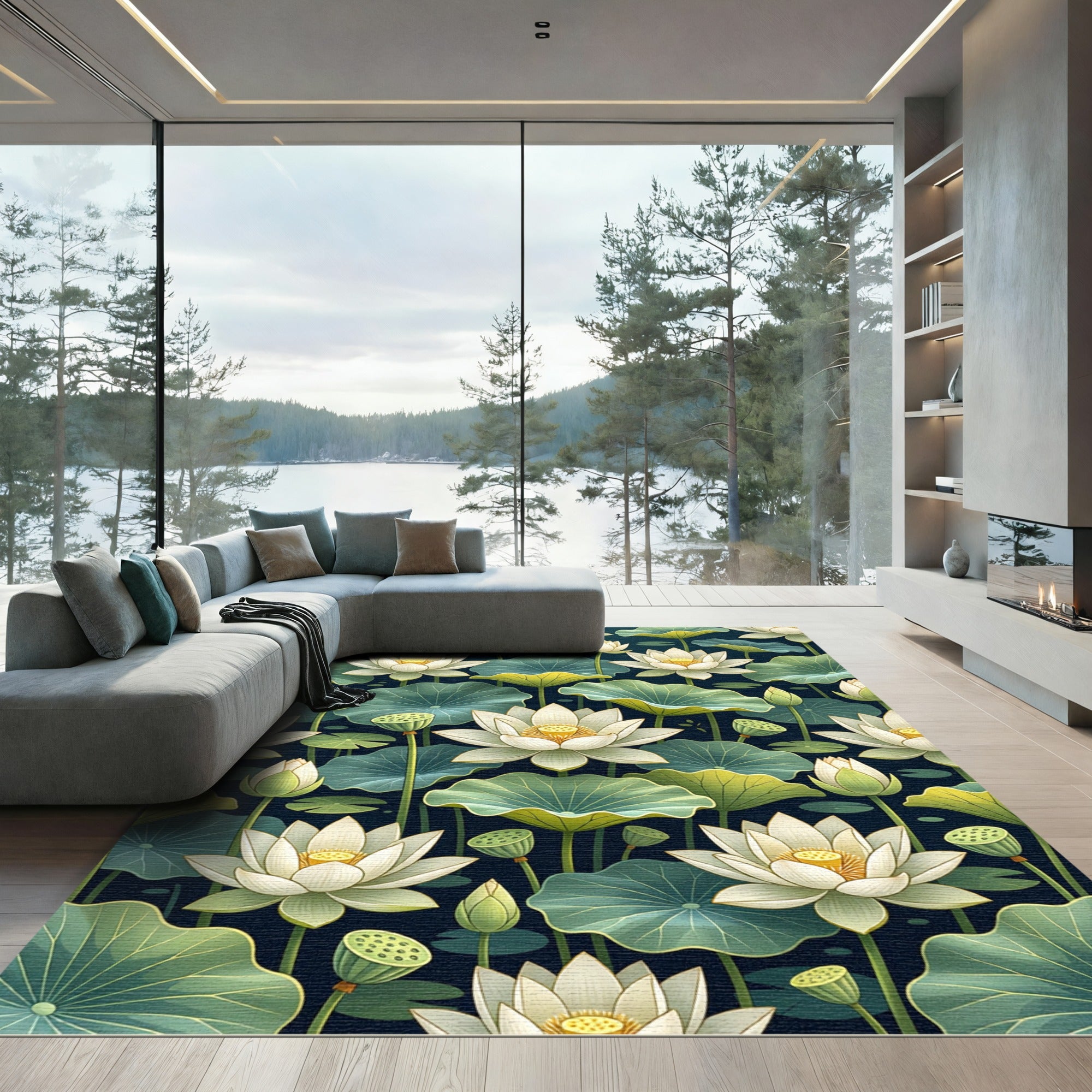 Ethereal White Lotus Dark Pond Rug