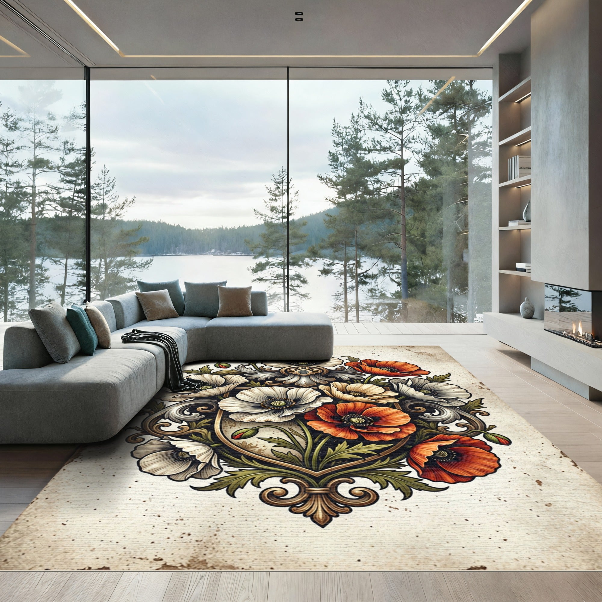 Victorian Poppy Floral Crest Emblem Rug