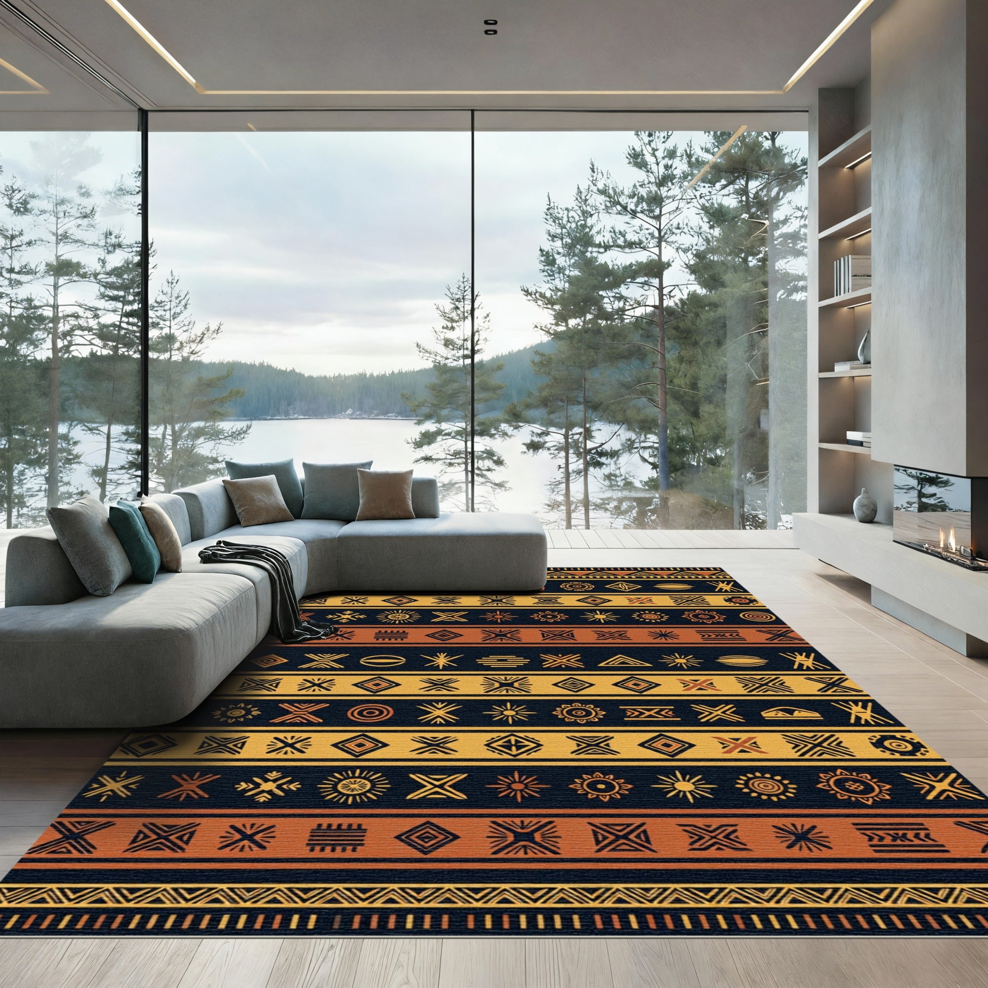 Earthy Ochre Geometric Tribal Stripe Rug