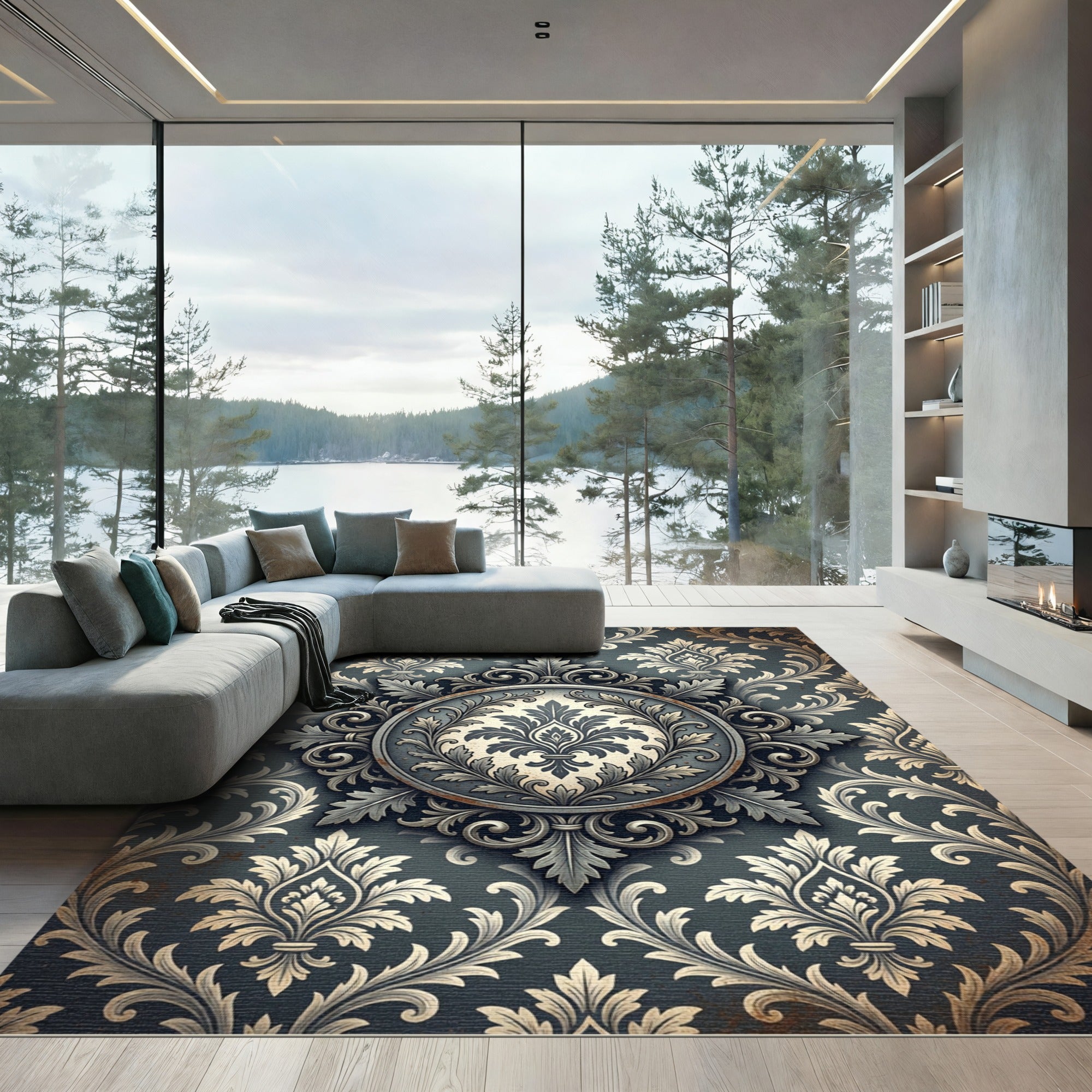Elegant Slate Damask Circular Medallion Rug
