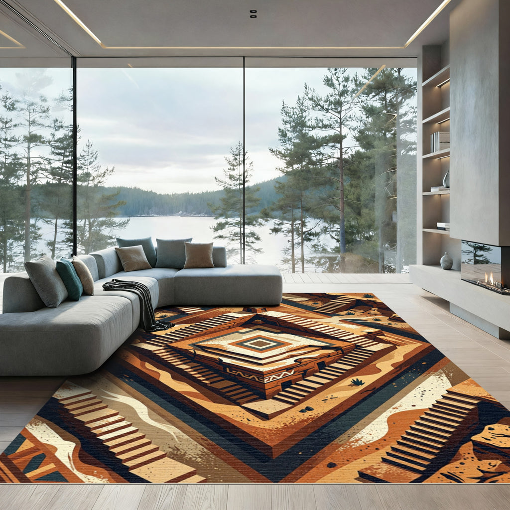 Terracotta Geometric Ziggurat Step Art Rug