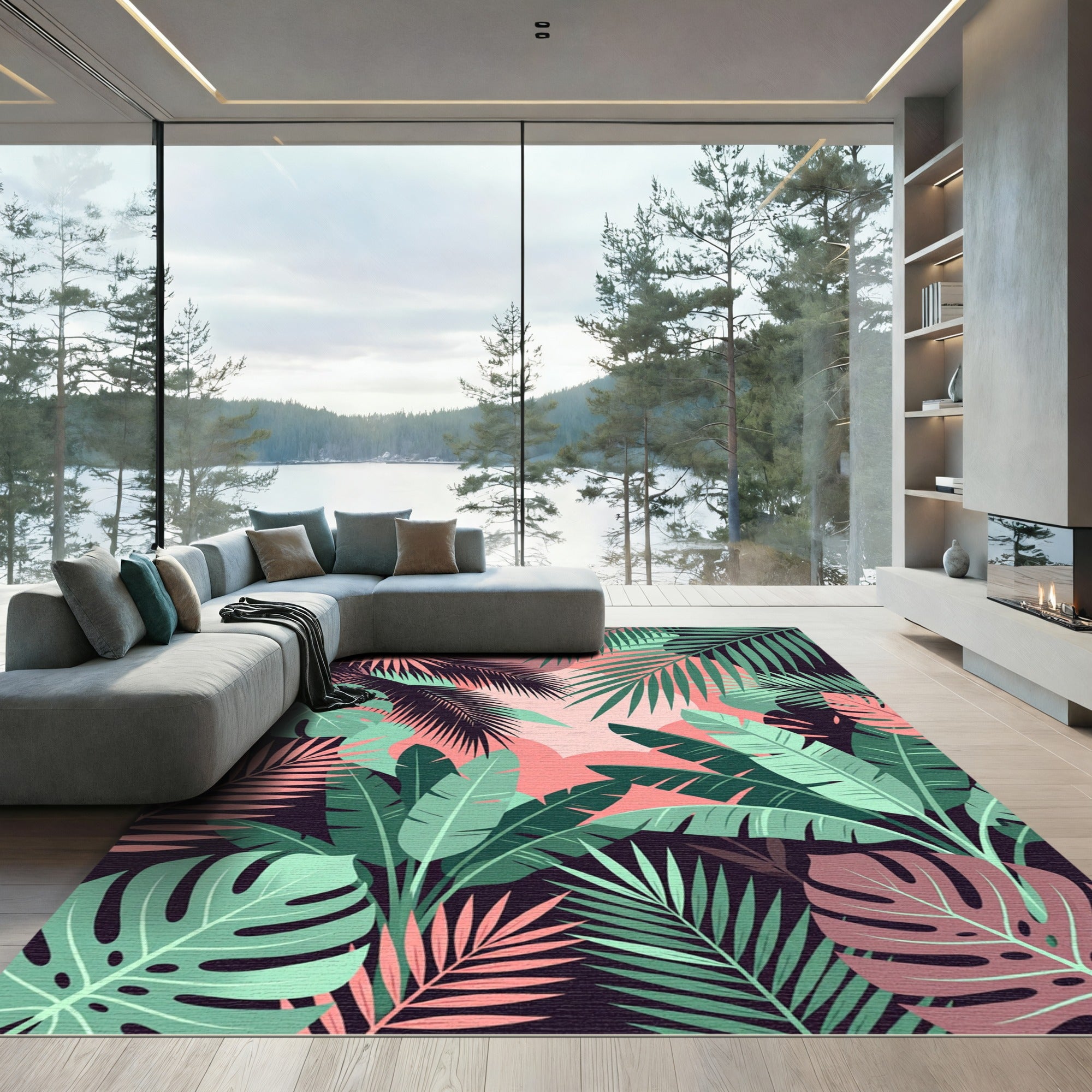 Lush Pink and Green Tropical Foliage Rug