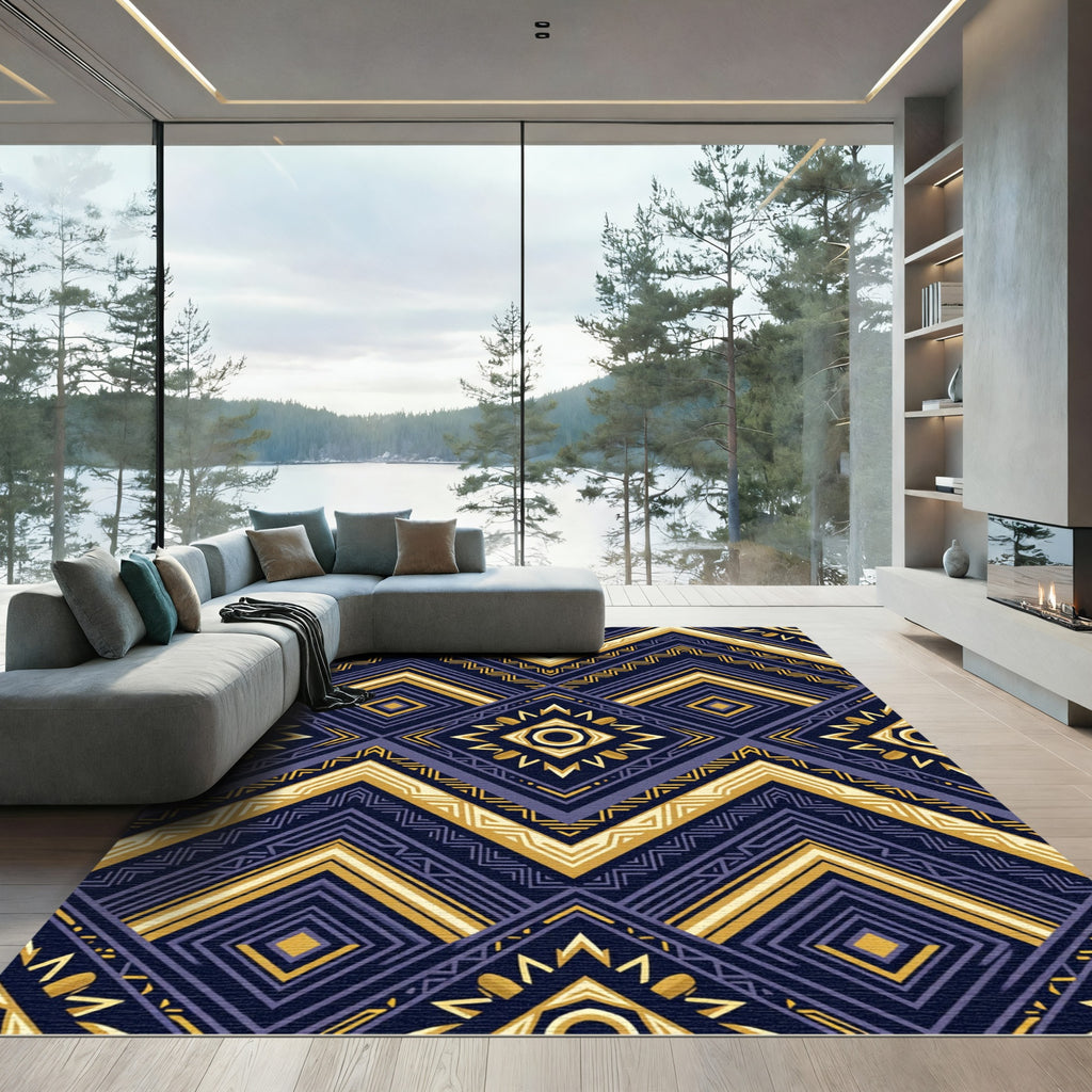Navy and Gold Geometric Zigzag Diamond Rug