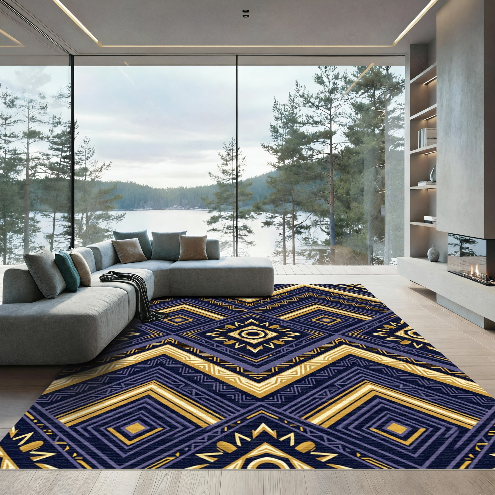 Navy and Gold Geometric Zigzag Diamond Rug