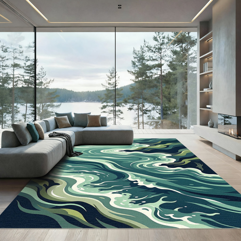 Abstract Teal Flowing Ocean Wave Rug