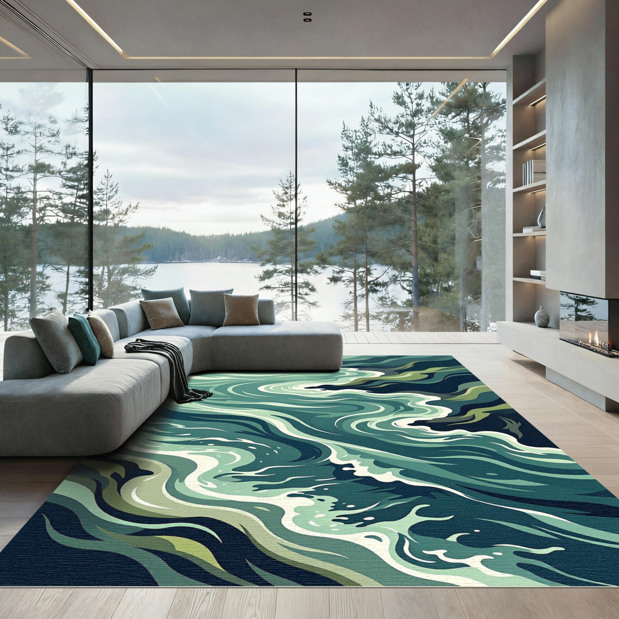 Abstract Teal Flowing Ocean Wave Rug