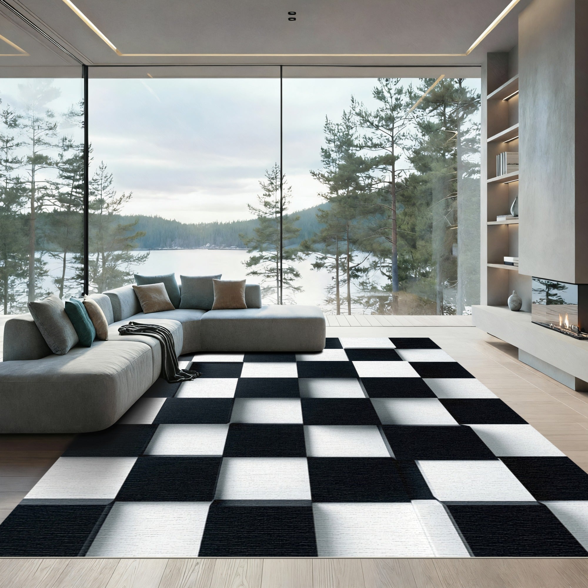 Black White Chessboard Offset Cubes Rug