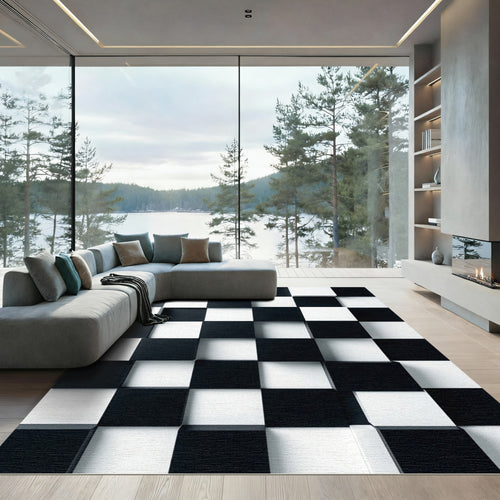 Black White Chessboard Offset Cubes Rug