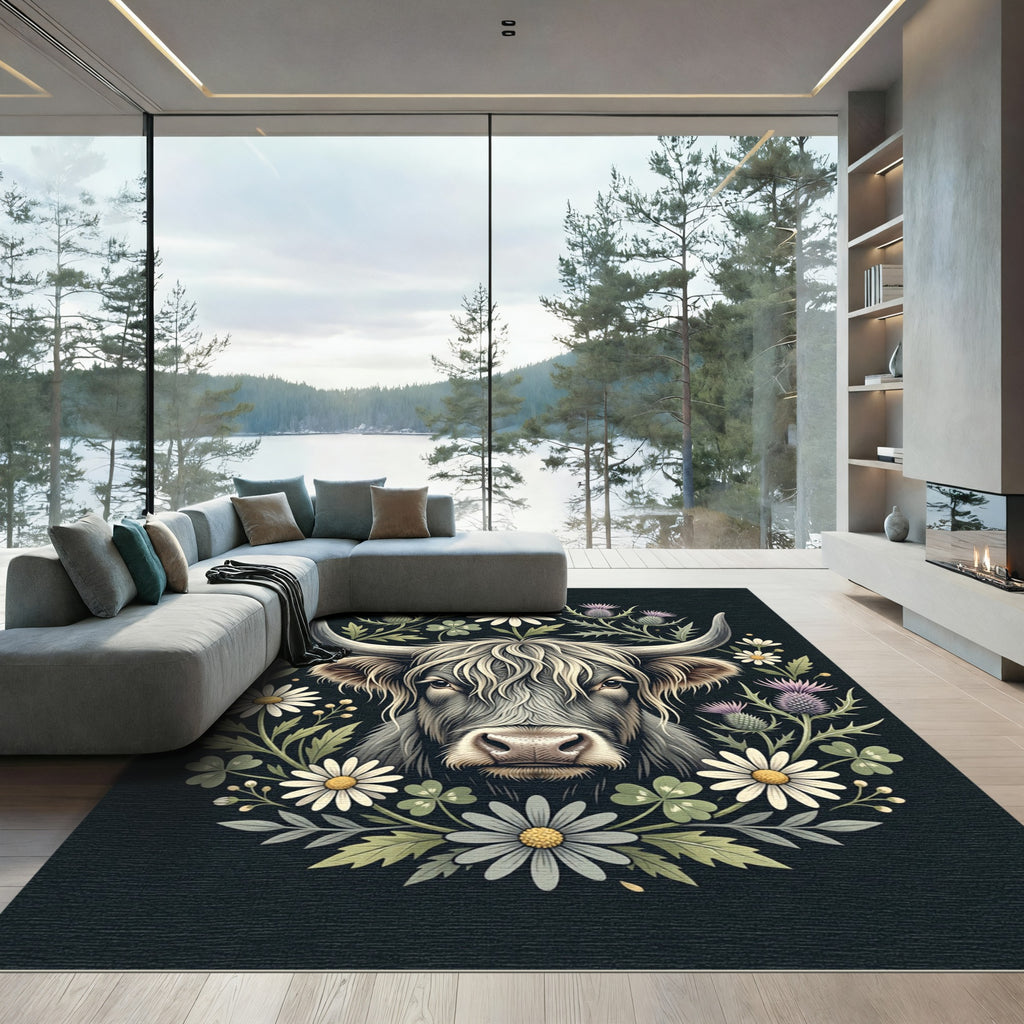 Highland Bull Floral Meadow Wall Art Rug