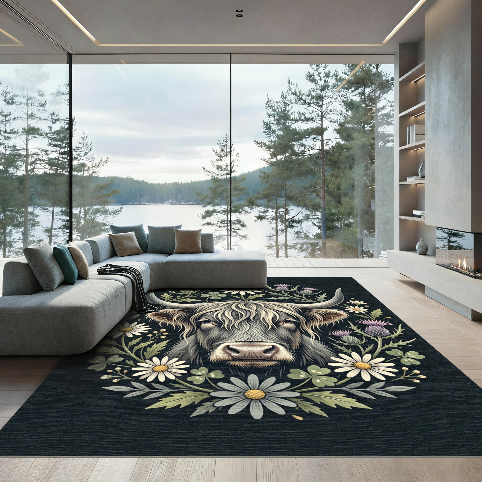 Highland Bull Floral Meadow Wall Art Rug