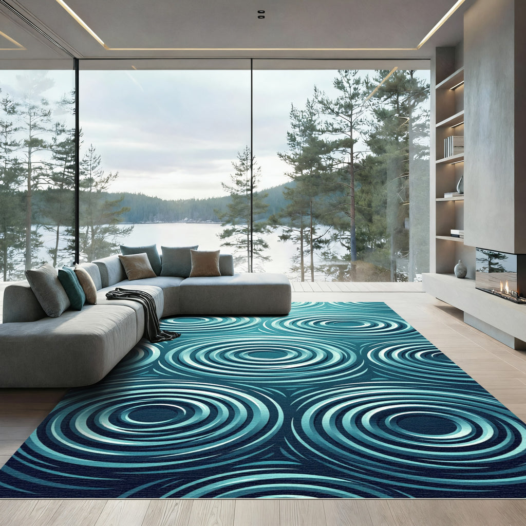 Deep Aqua Concentric Circles Rug