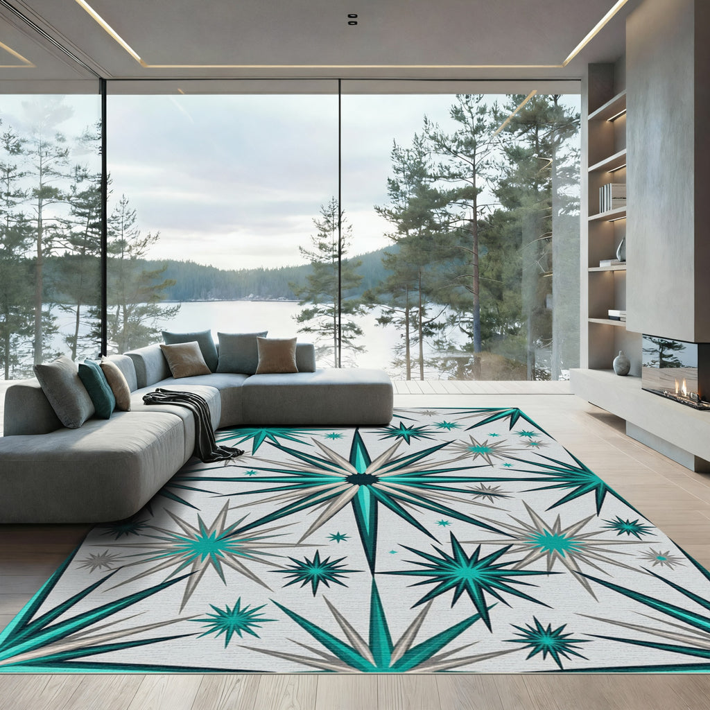 Teal White Starburst Burst Rug