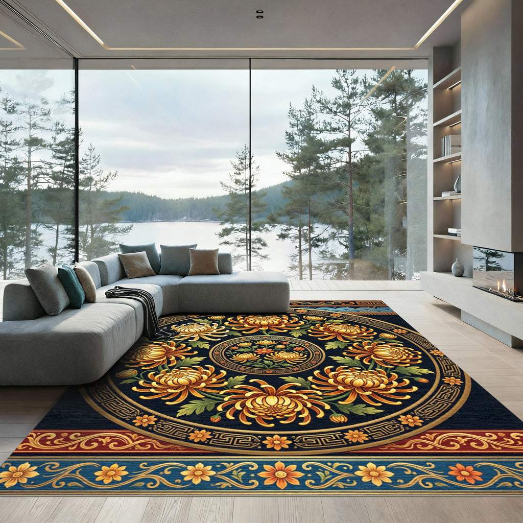 Golden Chrysanthemum Medallion Circular Black Accent Rug