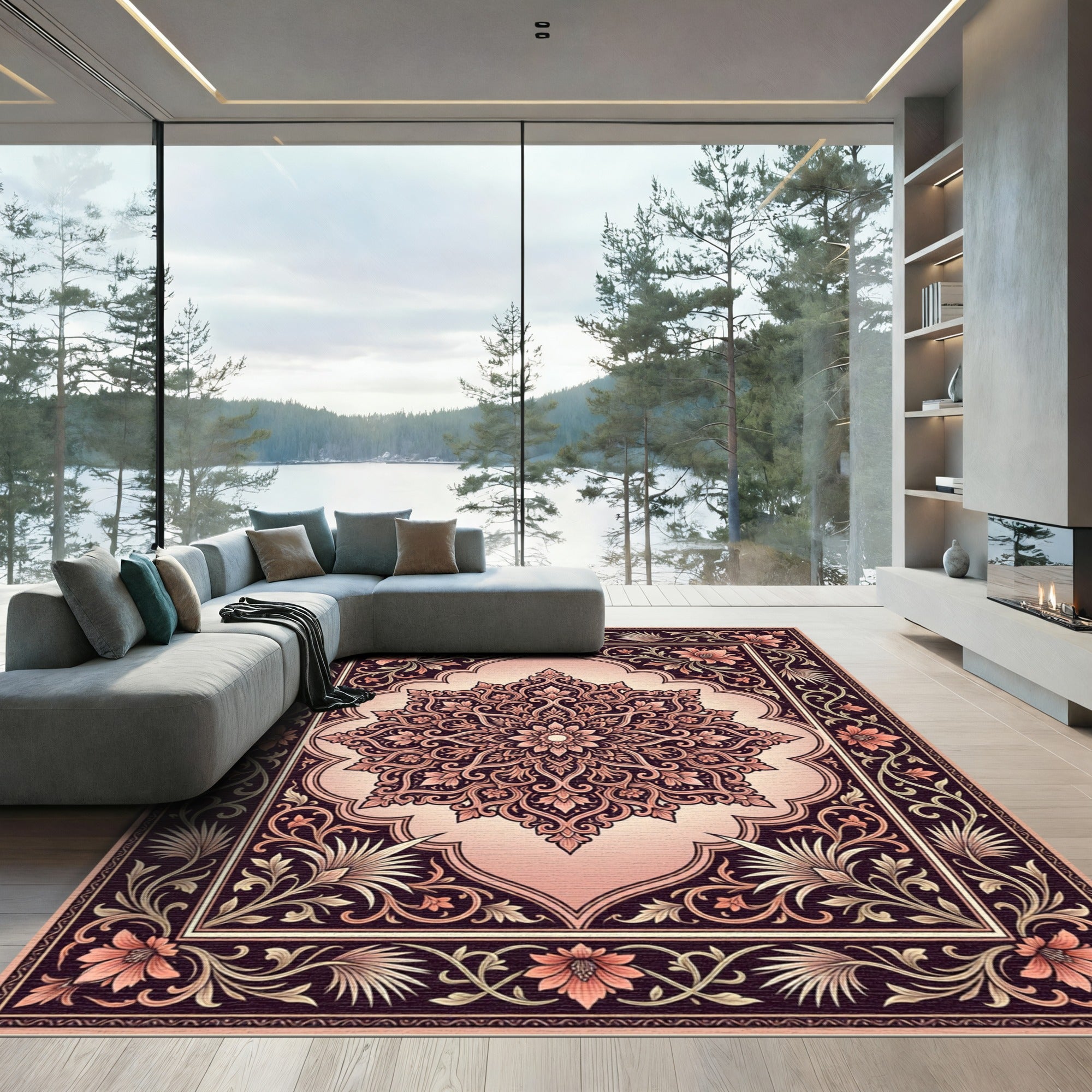 Coral Floral Medallion Vintage Border Rug