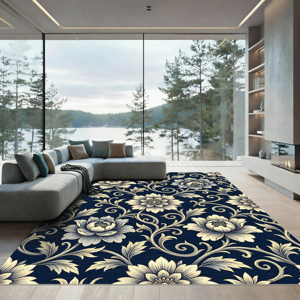 Midnight Blue Elegant Floral Scroll Rug