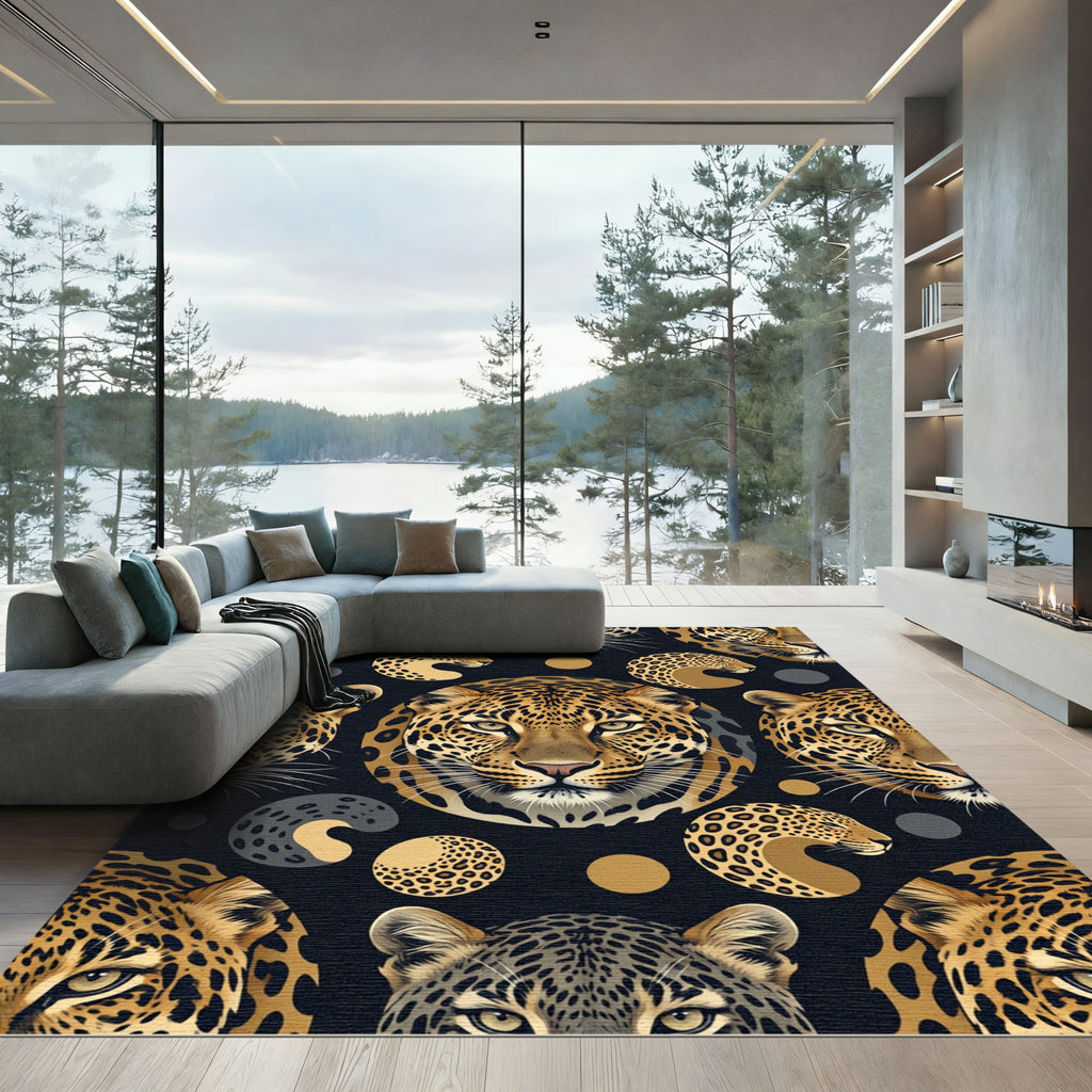 Gold Leopard Face and Spot Illustration Rug