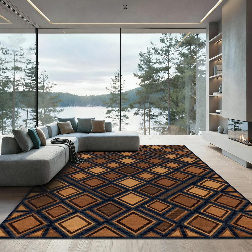Brown Geometric Diamond Grid Texture Rug