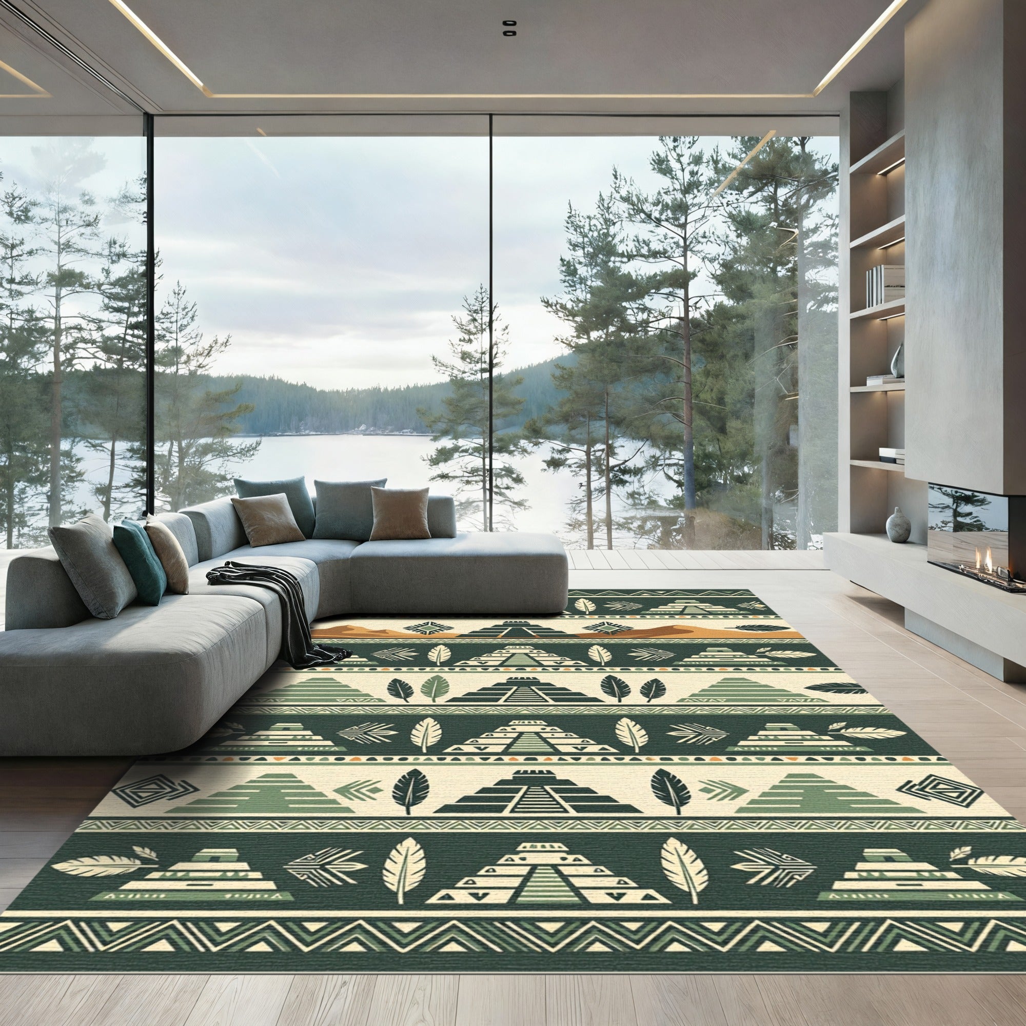 Earthy Mayan Pyramid Forest Feather Tile Rug