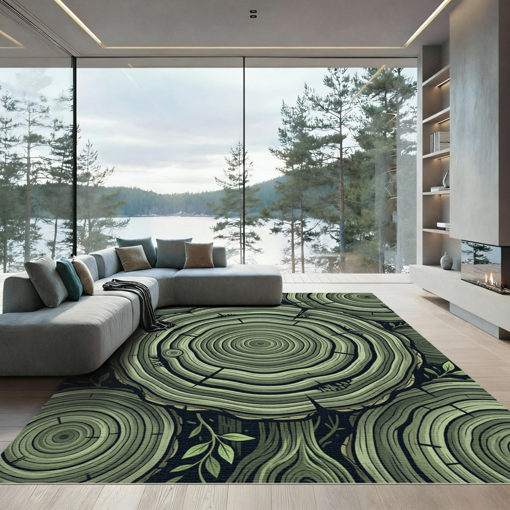 Green Wood Grain Rings Pattern Rug