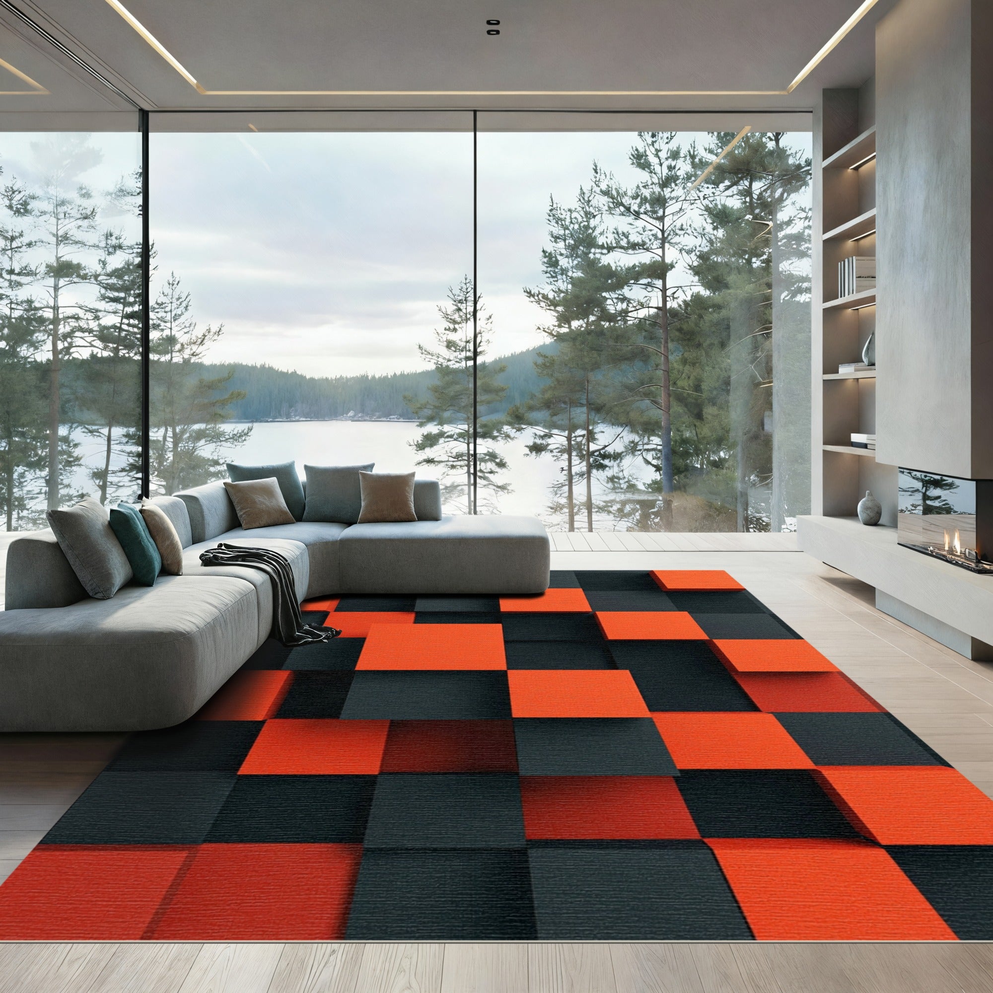 Crimson Black Geometric Cubes Rug