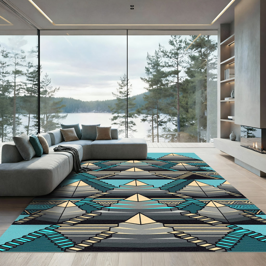 Geometric Aztec Teal Staircase Pyramid Rug