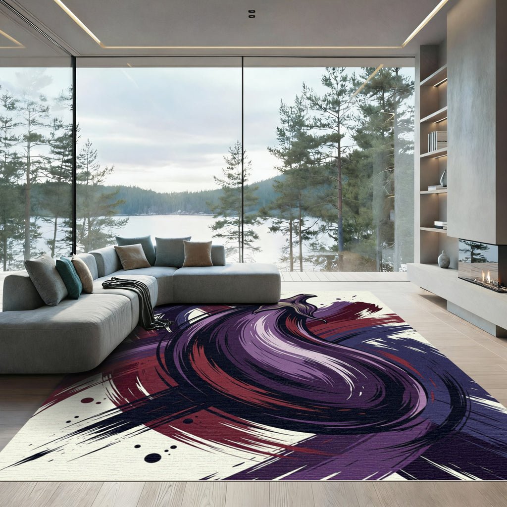 Abstract Purple Eggplant Ink Brush Art Rug