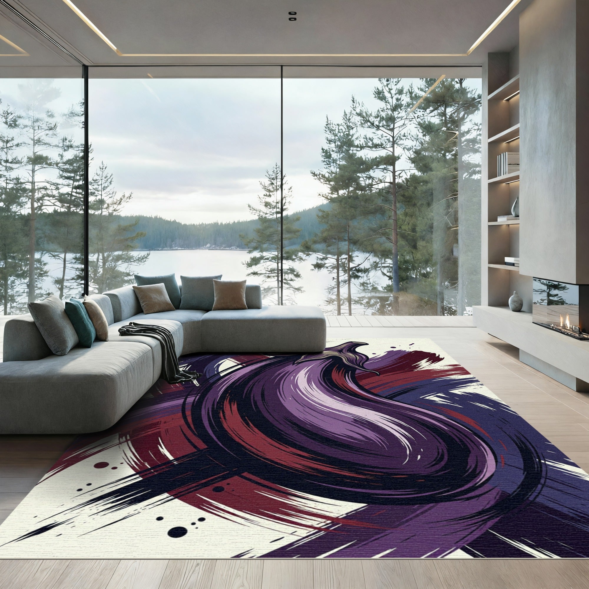 Abstract Purple Eggplant Ink Brush Art Rug