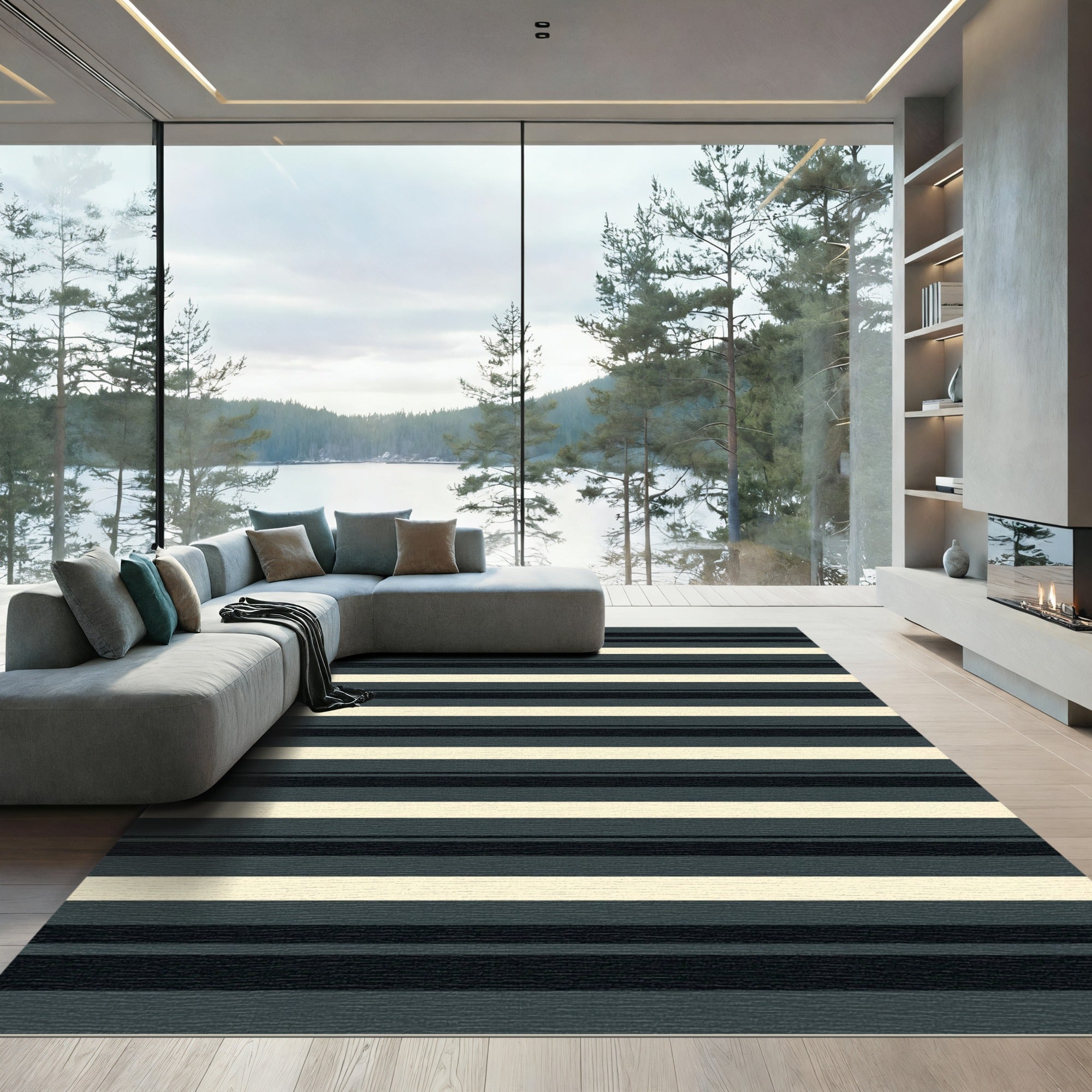 Classic Charcoal Cream Horizontal Stripe Rug