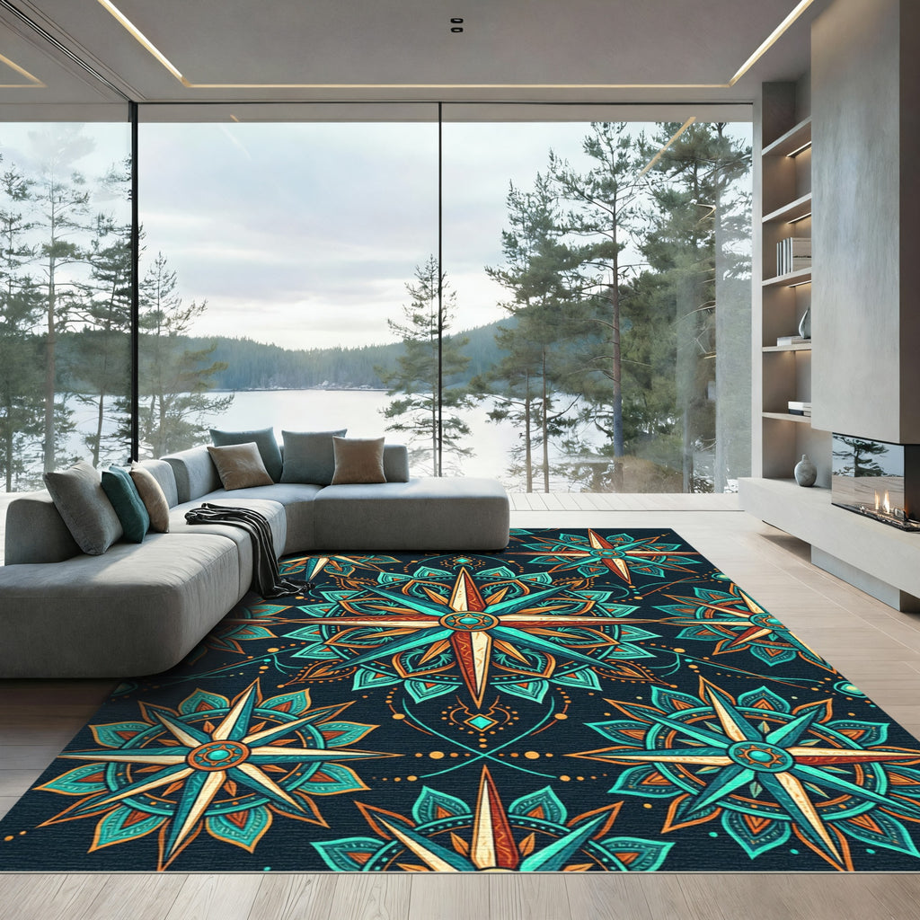 Teal and Amber Celestial Compass Mandala Rug