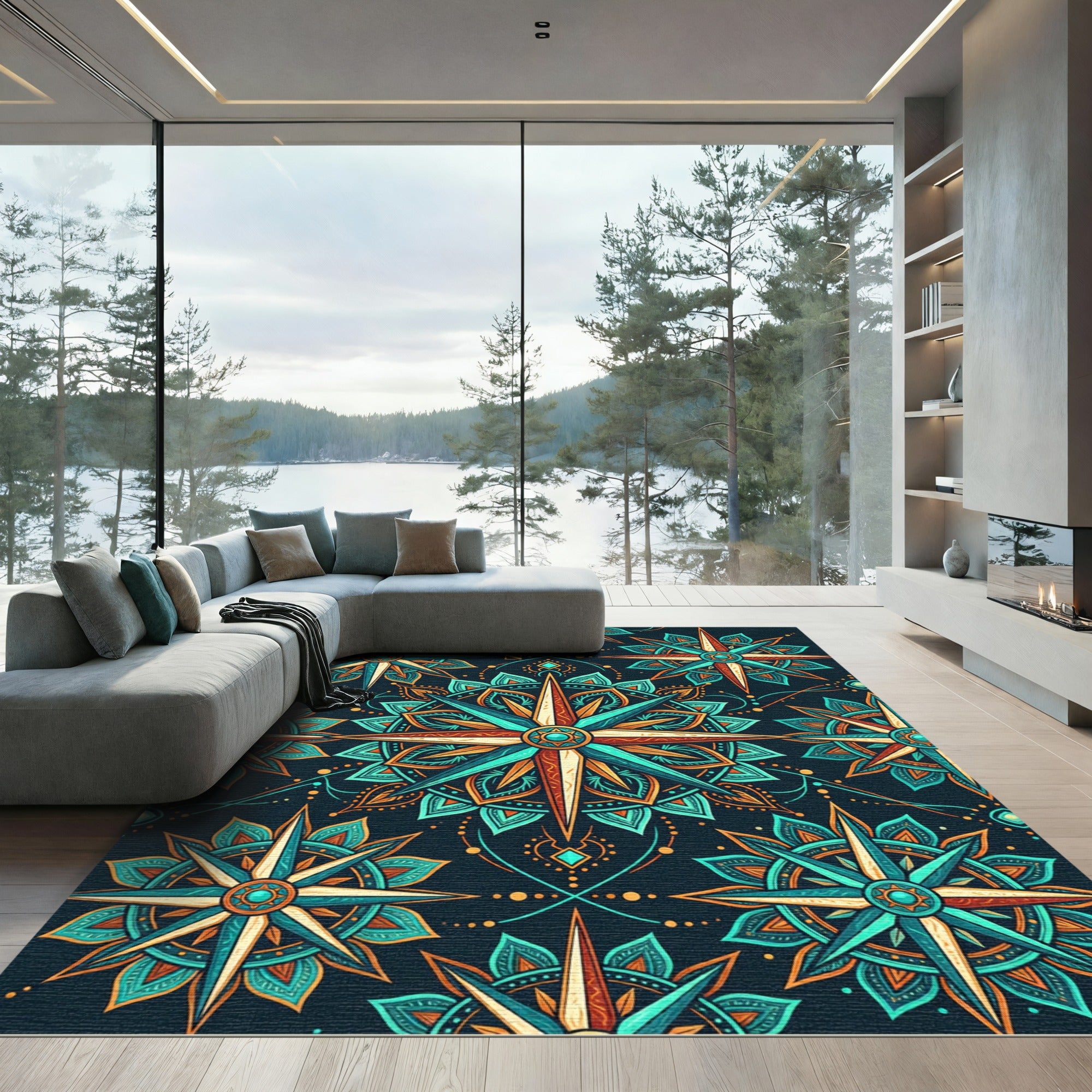 Teal and Amber Celestial Compass Mandala Rug