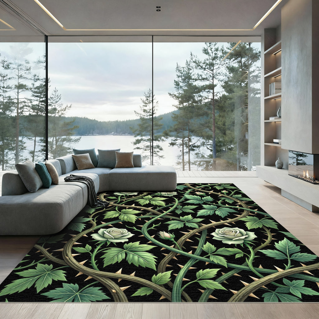 Gothic White Rose Thorny Vine Rug