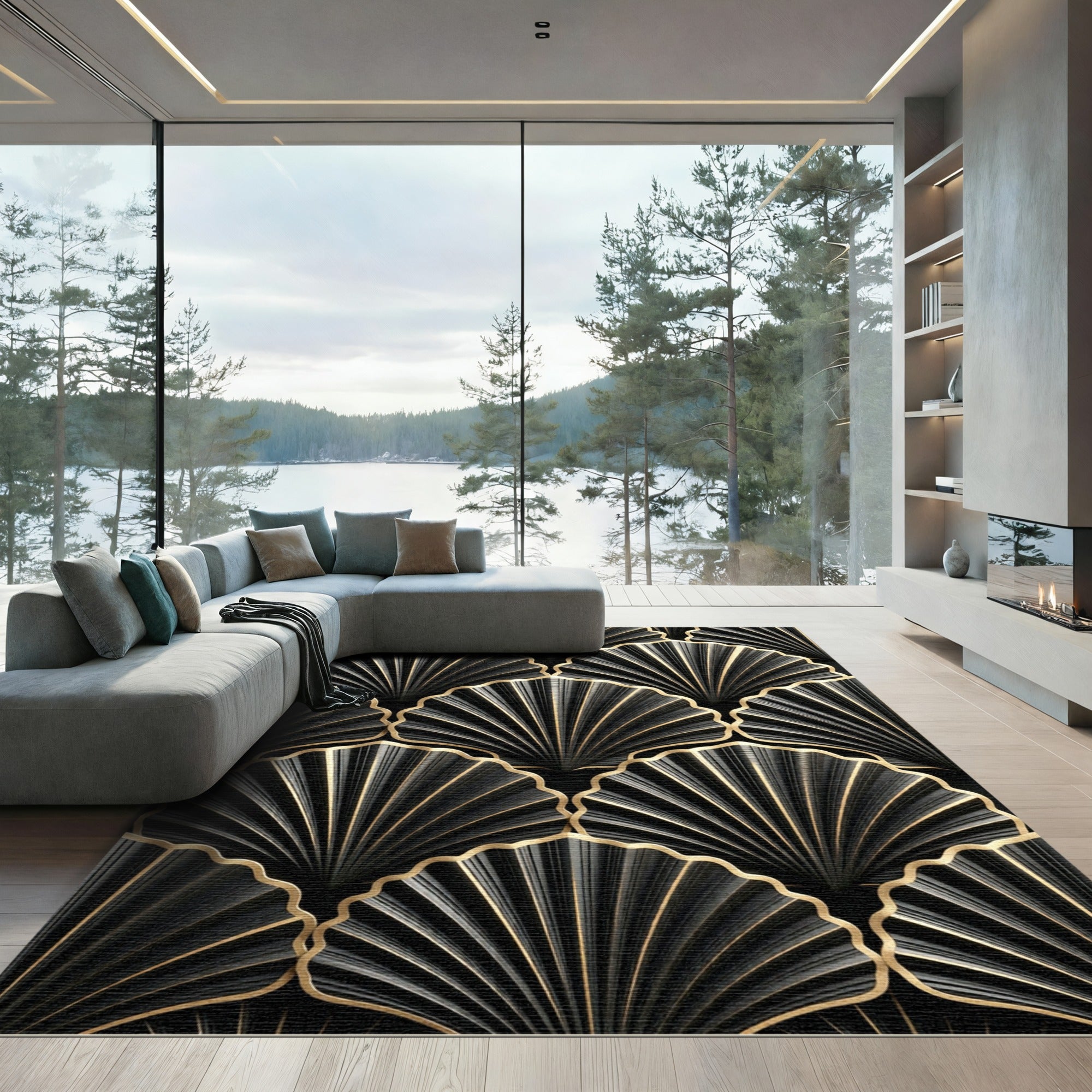 Elegant Black and Gold Art Deco Shell Rug