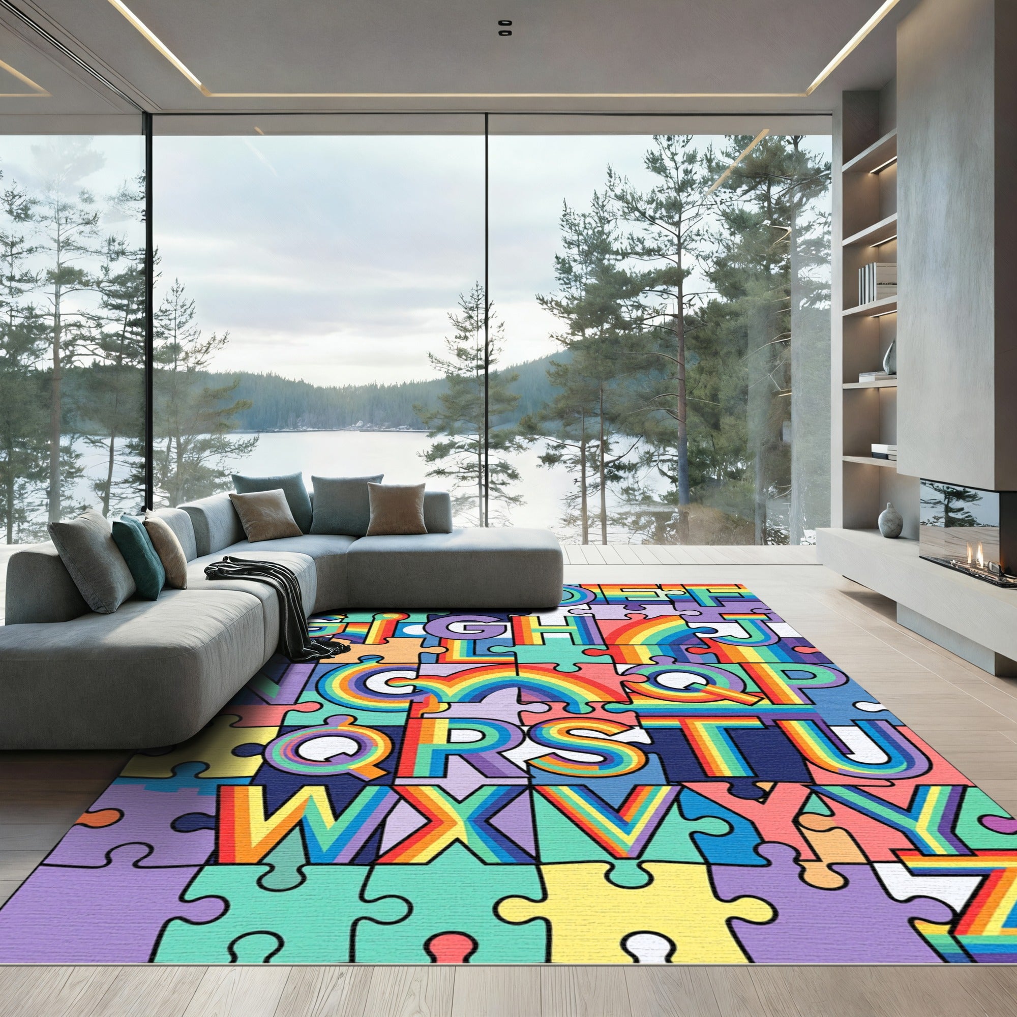 Vibrant Rainbow Alphabet Jigsaw Puzzle Mosaic Rug