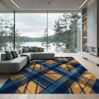 Navy Gold Diagonal Plaid Squares Rug